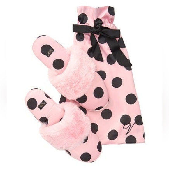 Victoria's Pink Polka Dot Slippers with Bag - Picture 1 of 5